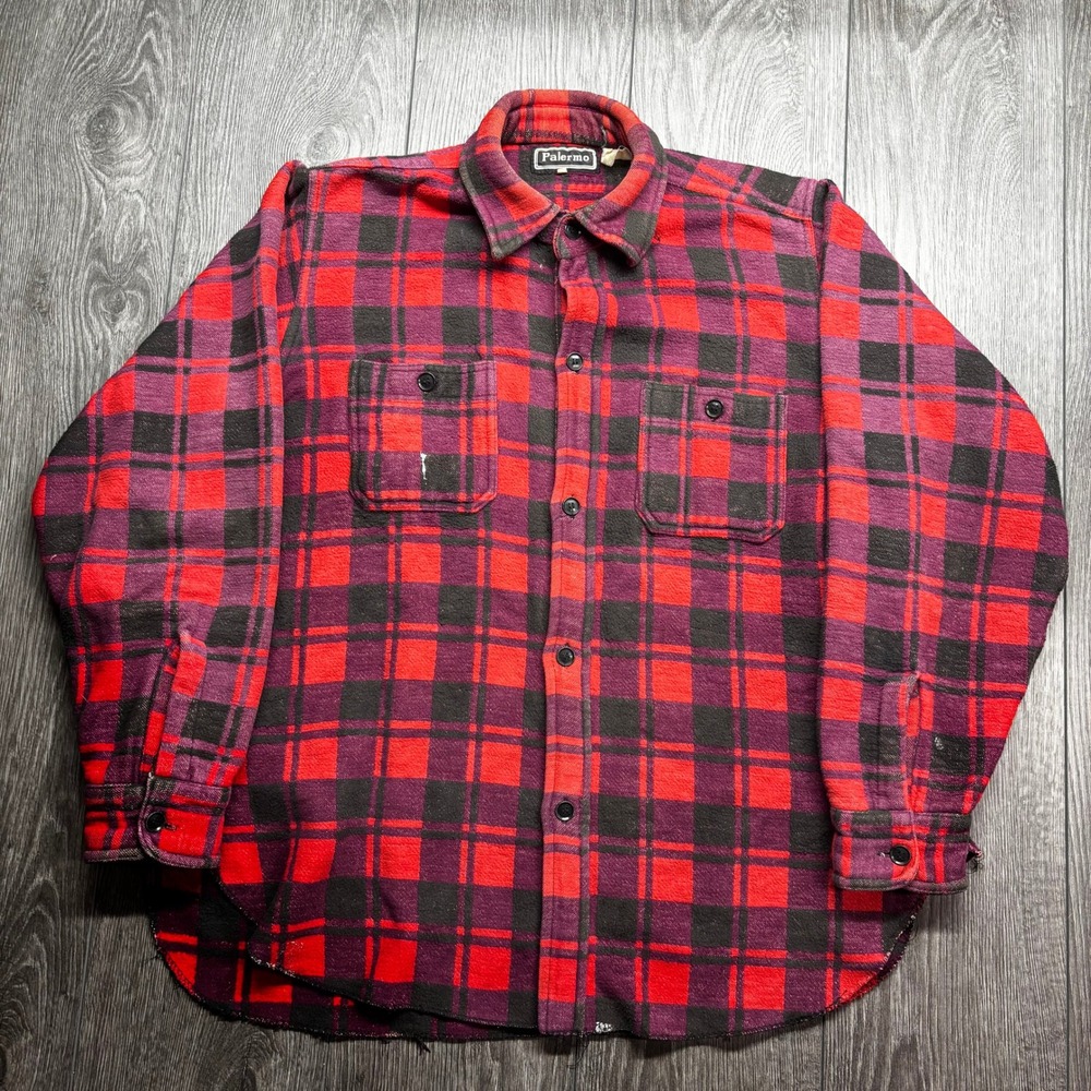Vintage Palermo Mens Large 70s Red Purple Black Plaid Flannel Shirt Heavyweight